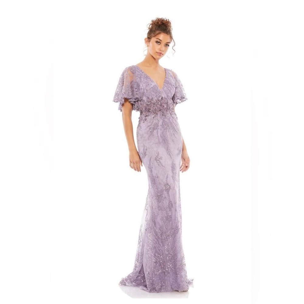 Mac Duggal 67493 Vintage Lilac Flutter Sleeve Beaded Evening Gown Size 6